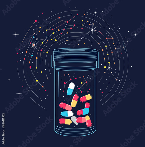 Abstract vector illustration of prescription pill bottle with colorful capsules surrounded by star constellations and cosmic space elements in minimalist style