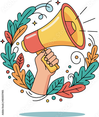 Loud megaphone message held in a hand surrounded by colorful leaves spreading important information