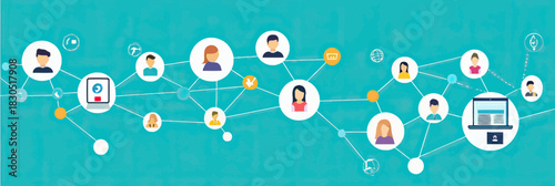 Online social network connection concept with diverse user avatars linked by communication and technology icons on blue background