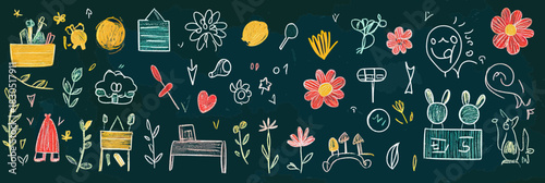 Childhood education and playful preschool doodle set with flowers, animals, toys, and drawing tools on chalkboard background