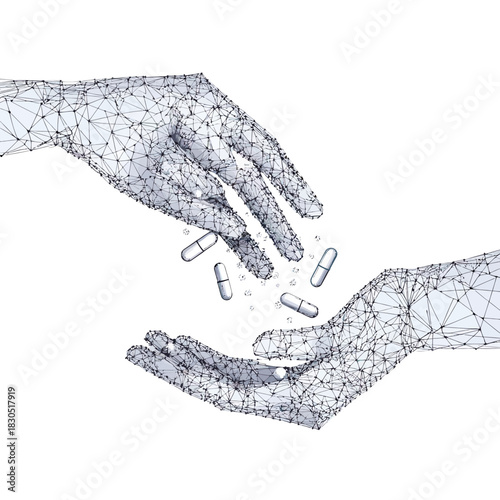 Low poly wireframe digital hands exchanging white capsules with scattered particles on white background medicine pharmacy healthcare concept vector illustration