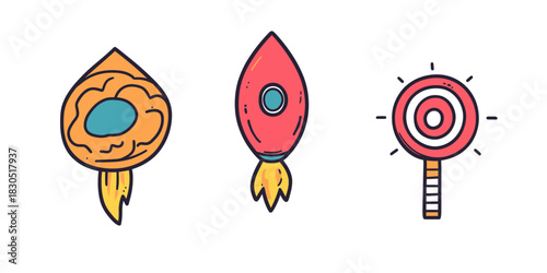 Hand drawn doodle rocket, brain and target icons with colorful sketch lines for startup business growth, strategy and goals concept illustration
