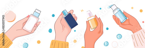 Diverse hands holding various skincare products including bottles and pump dispensers for daily beauty routine and moisturizing care flat vector illustration