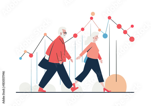 Elderly senior couple walking together with rising financial growth chart and data points in flat minimalist vector style illustration