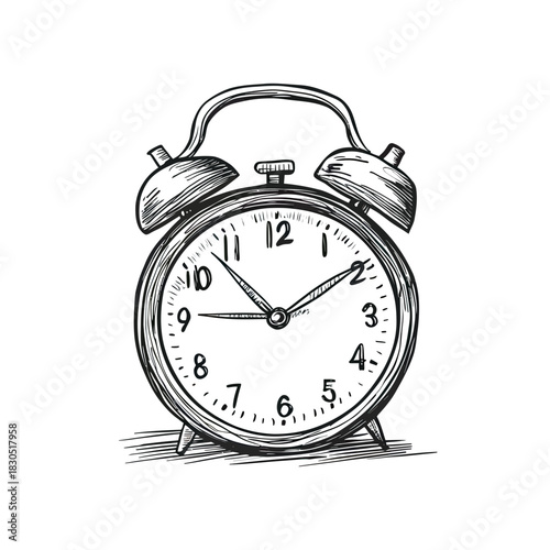 Hand drawn vintage alarm clock sketch with ringing bells and classic analog dial showing time in black ink drawing style vector illustration