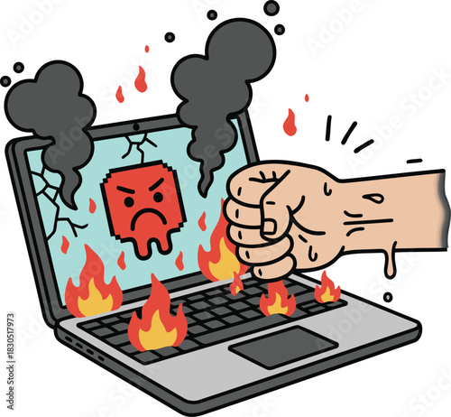Frustrated person slams a fiery laptop with a fist experiencing technical difficulties and digital rage