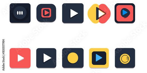 Set of colorful play pause stop recording music media control buttons icons flat design vector isolated on white background user interface elements audio video player controls