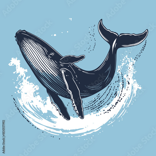 Blue whale breaching ocean splash marine mammal jumping underwater sea wildlife vintage style vector illustration minimalistic design on blue background