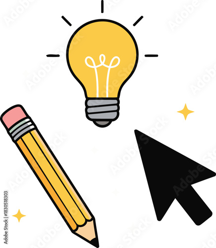 Creative mind using a pencil near a cursor and lightbulb moment for a innovative idea