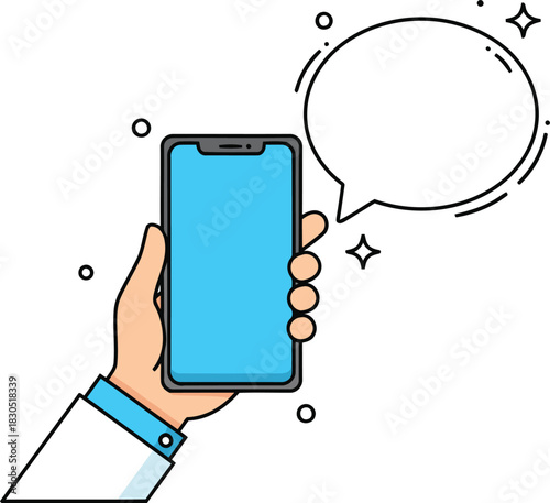 Presenting a sleek new mobile phone in hand with a vibrant speech bubble for messaging clients