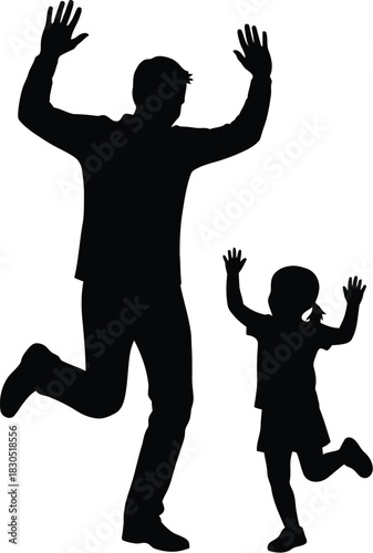 Silhouette of a father and daughter jumping happily