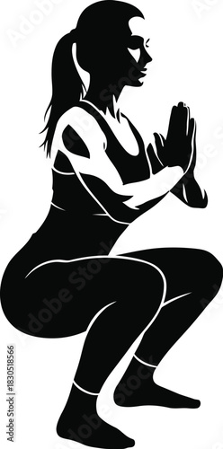 Silhouette of a woman doing a deep squat with hands in prayer