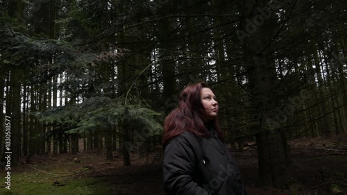 A profile close-up shot of a woman in a dark hooded jacket looking upwards at the dense, dark green branches of a spruce or fir tree in a forest. The scene evokes nature and contemplation.