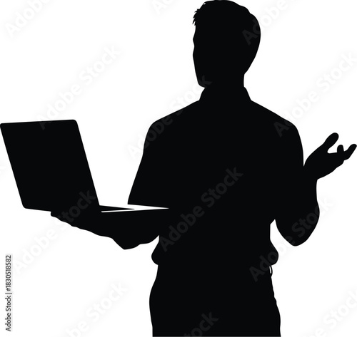 Silhouette of a man holding a laptop and gesturing