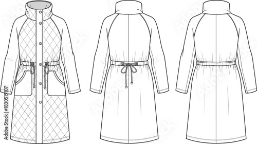 “Quilted long coat technical fashion flat sketch with high collar, drawstring waist and pockets, detailed CAD garment vector illustration”