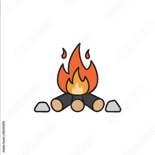 A stylized illustration of a campfire burning brightly with flames and logs.