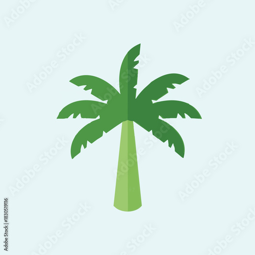 Stylized illustration of a green palm tree with leaves against a light blue background.