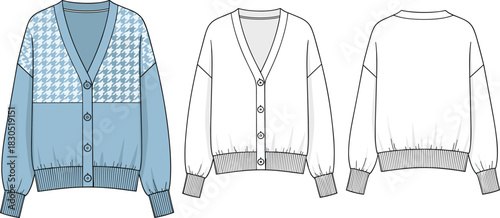 “Women’s houndstooth cardigan technical fashion flat sketch with rib hem, button front closure and long sleeves, CAD vector illustration”