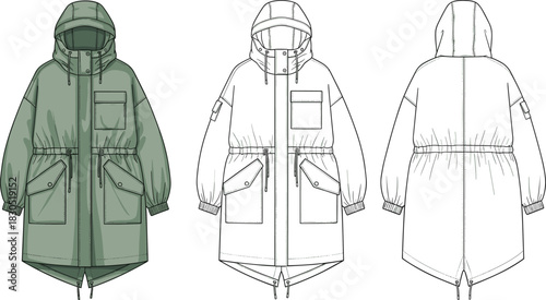 “Long parka jacket technical fashion flat sketch with hood, utility pockets and adjustable waist details, CAD garment vector illustration”