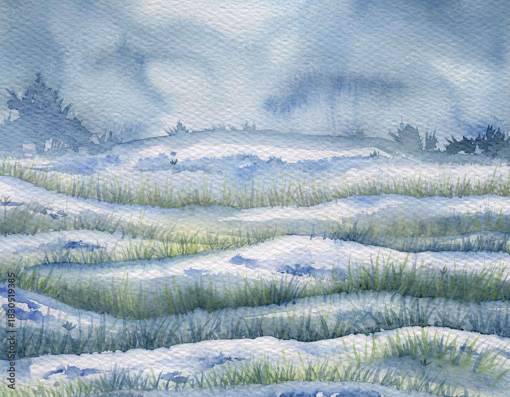 Obraz premium Snowy winter meadow with frosty grass in watercolor landscape