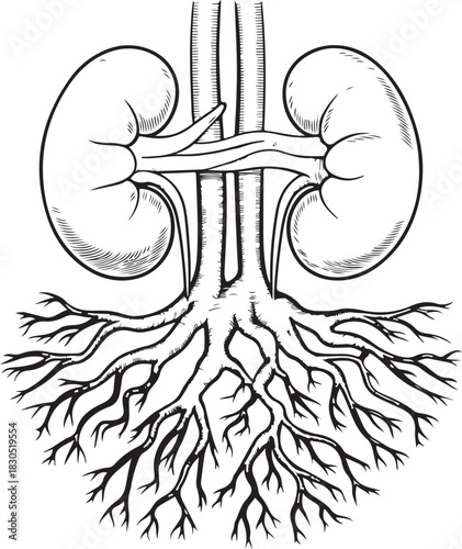 Kidneys with root system anatomical drawing of human organs and natural growth