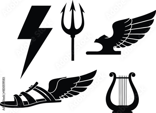 Iconic Greek God Symbols, Minimalist Black Silhouettes, Divine Attributes, Isolated