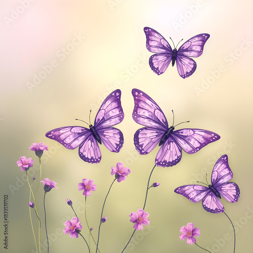 Romantic purple butterflies abstract vector illustration. Spring little insects. Wild butterflies abstract girly wallpaper. Gentle wings moths patten. Garden creatures.