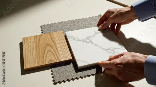 Hands arranging wood and marble samples on gray fabric. Interior design material selection in top-down flat lay. Composition for home decor inspiration and texture comparison.