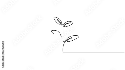 Self animated minimalist, continuous line drawing of a growing sprout