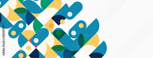 Abstract geometric shapes overlap, creating vibrant pattern. Colors include blue, green, yellow, white. Modern design element.