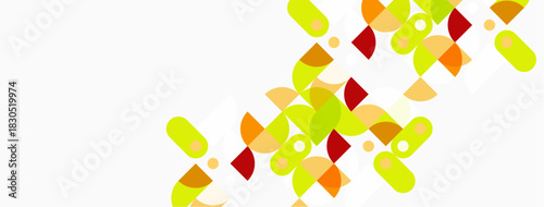 Abstract geometric shapes, mostly rounded rectangles, circles, segments. Warm color palette dominates, light background present. Minimalist design.