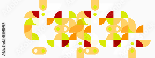 Abstract geometric pattern. Circles, semicircles, dots create colorful composition. Warm tones dominate design. Minimalist style.