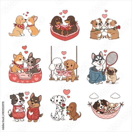 Sweet cartoon pups in love and affectionate moments
