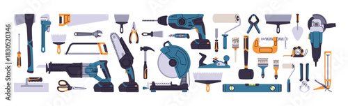Work tools for repair, construction. Building instruments set. Carpentry, masonry equipment, hammer, screwdriver, axe, drill, wrench and trowel. Flat vector illustration isolated on white background