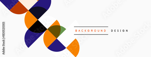 Abstract geometric shapes overlap, creating vibrant design. Orange, blue, green colors dominate white space. Text reads background design.