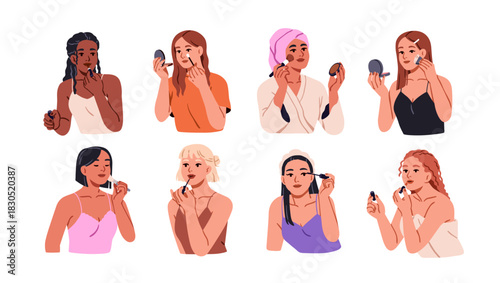Women doing makeup, set. Girls during self make-up with beauty products, decorative cosmetics for eyes, lips, skin, applying lipstick, mascara. Flat vector illustration isolated on white background