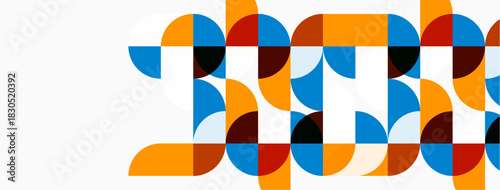 Abstract geometric pattern. Circles, semicircles create dynamic composition. Orange, blue, red hues dominate design. Modern aesthetic.