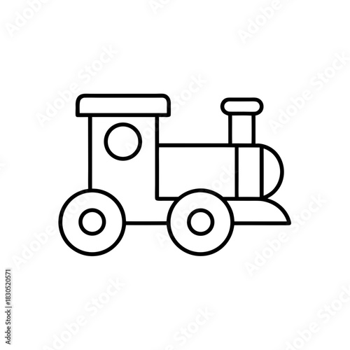 Illustration of a black outline cartoon toy train icon on transparent background