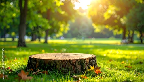 Fototapeta Naklejka Na Ścianę i Meble -  A close-up shot of a tree stump in a park bathed in warm sunlight, with a blurred backdrop of trees and a green lawn