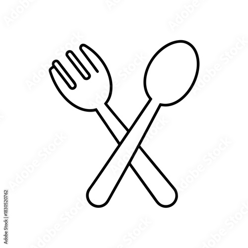 Outline drawing of a crossed fork and spoon utensils on transparent background