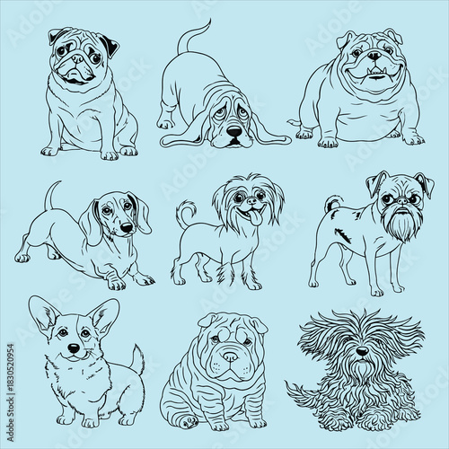 Diverse dog breed line art collection, domestic pets