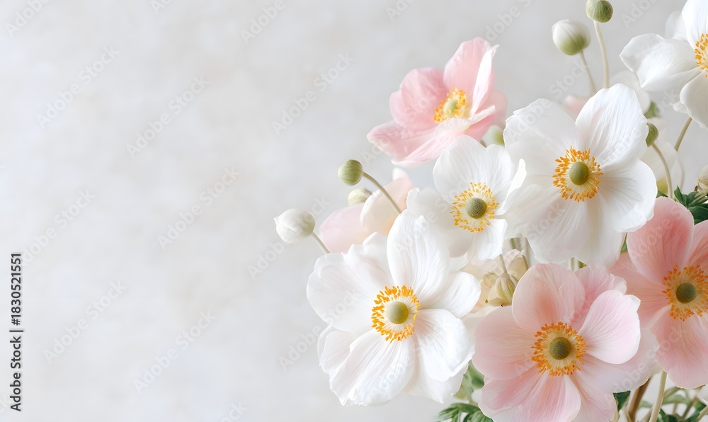 Fototapeta premium minimalist greeting card design with a soft pastel bouquet of white and blush-pink anemones arranged in an airy modern composition