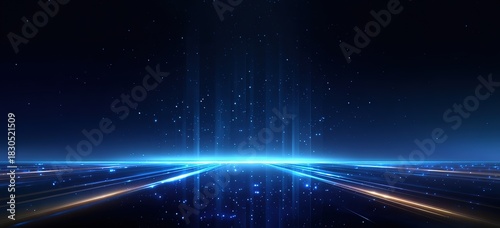 Futuristic Blue Light Path on Dark Cosmic Background, Suited for sci-fi project visuals, tech presentation slides, digital product backgrounds, or futuristic design and gaming-related content.