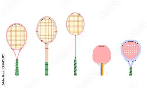 Various sports rackets tennis,retro tennis,badminton,table tennis,padel.Ideal for educational, design and infographic use.Colorful illustration isolated on white background.Racket icons set.EPS 10