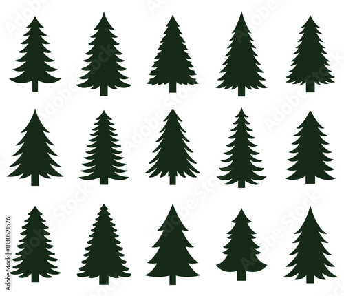 Christmas tree silhouette clipart set. Black Christmas tree drawing clip art collection in white background for xmas season pine tree flat icon decoration vector