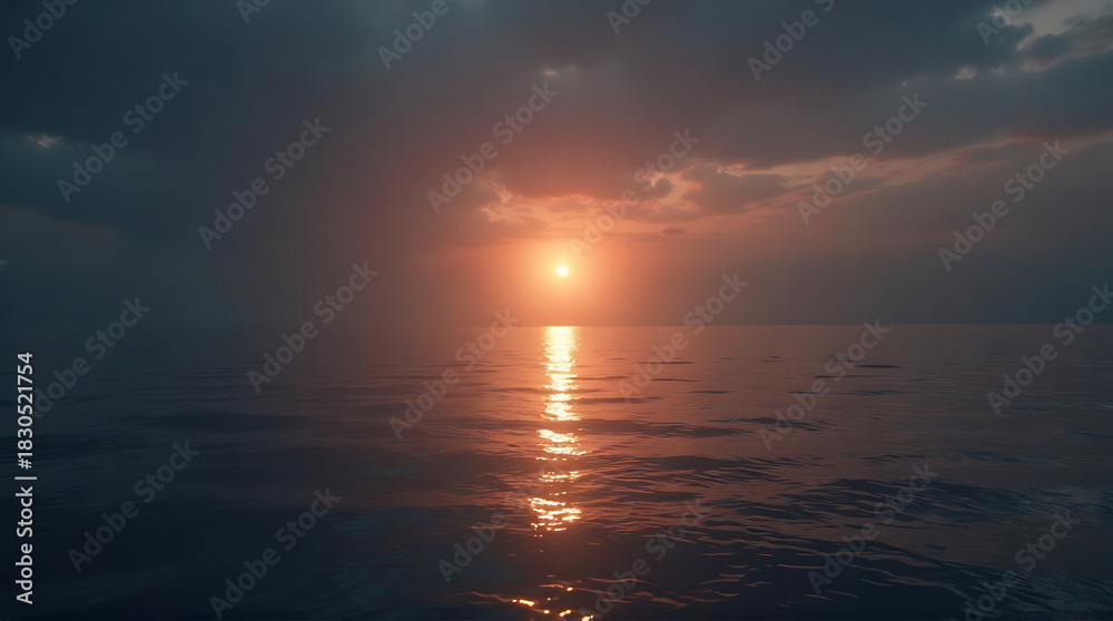 Fototapeta premium Dramatic Sunset Over Calm Ocean Water with Moody Clouds