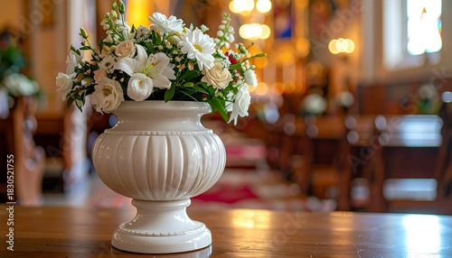 A close-up shot of an elegant white vase filled with an arrangement of white flowers, in a church