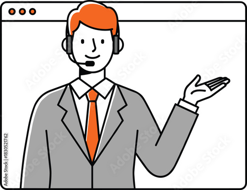 Online Customer Service Representative Vector, Male Support Agent with Headset, Technical Assistance and Webinar Presenter, Internet Help Desk, Video Call Illustration, Consulting.