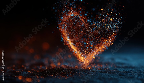 A heart made of light and dust is floating in the air