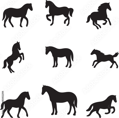 Set of Black Horse Silhouette Vector Illustrations in Dynamic Poses